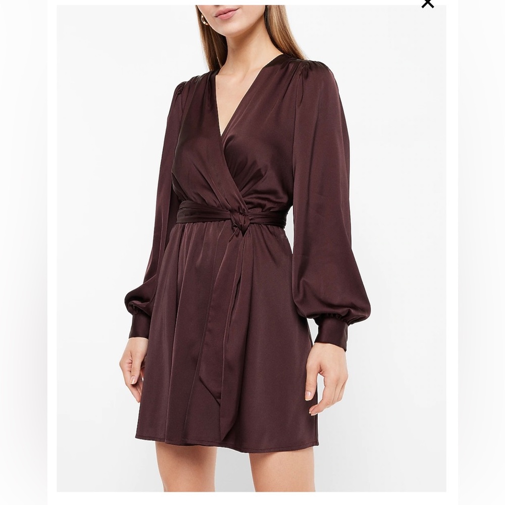 Express holiday burgundy satin wrap dress